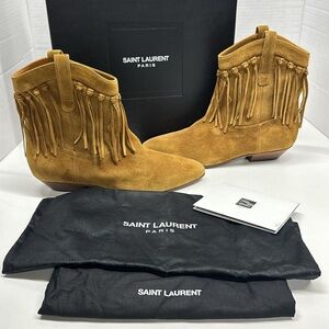 Saint Laurent YSL Ankle Boots Chelsea Boot Fringe Suede Tan Brown New Size 38